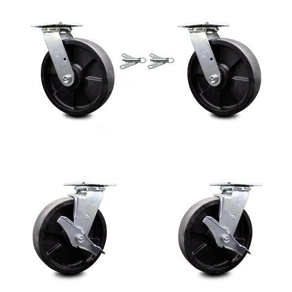 8 Inch Glass Filled Nylon Caster Set with Ball Bearings 2 Swivel Lock 2 Brake
